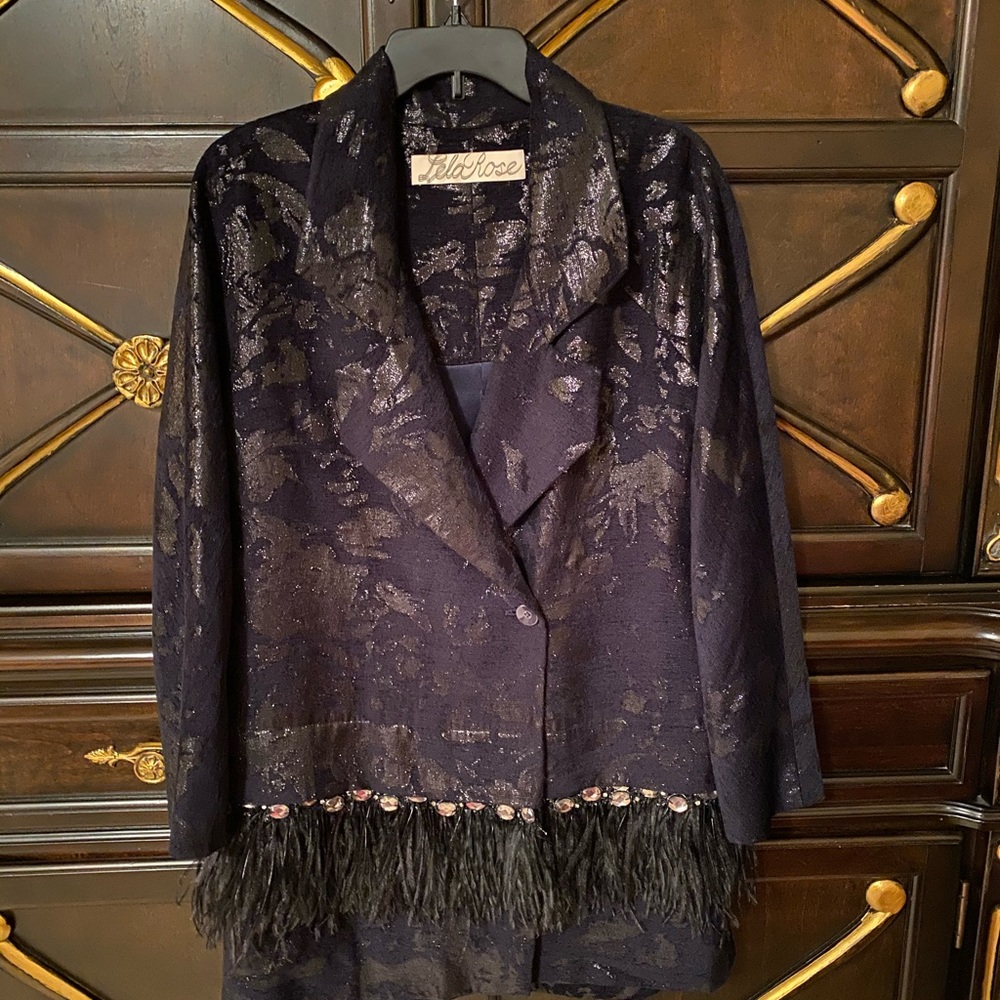STUNNING! Lela Rose Navy/Black Feather Jacket